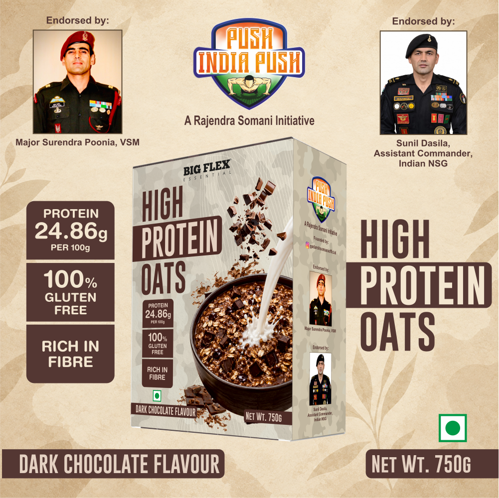 Bigflex 25g High Protein Oats Dark Chocolate 750g – Rolled Oats, Protein Blend, Jaggery Powder, Cocoa Powder, Nuts & Seeds – 25g Protein, Source of Dietary Fibre & Healthy Fats, No Refined Sugar & Salt