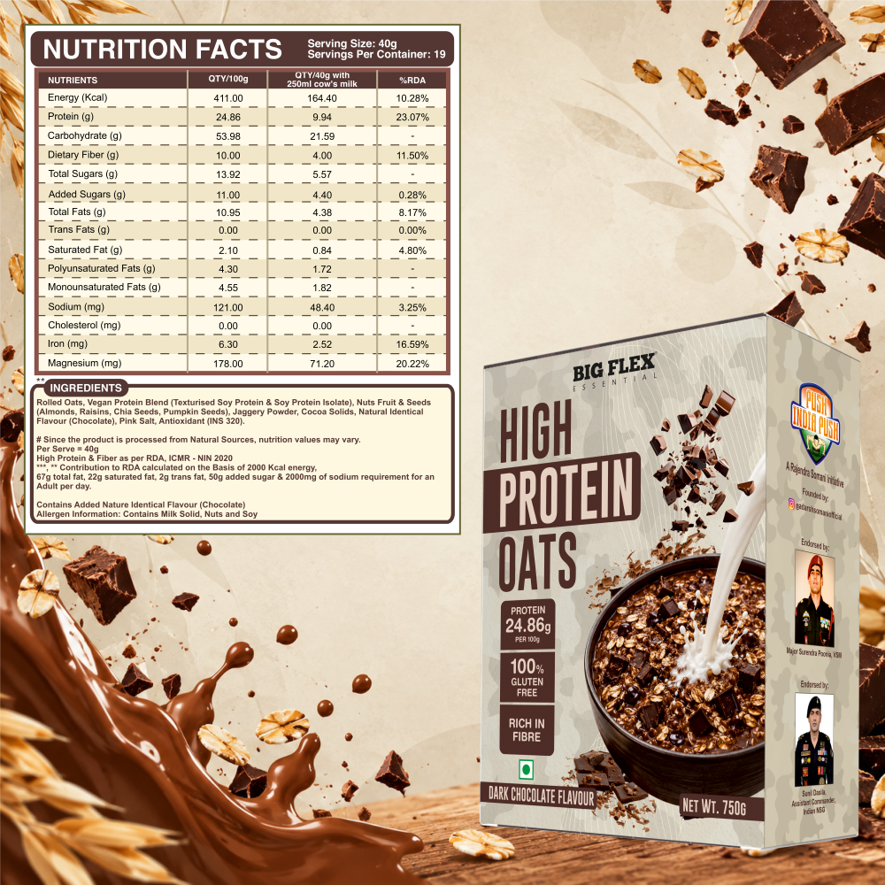 Bigflex 25g High Protein Oats Dark Chocolate 750g – Rolled Oats, Protein Blend, Jaggery Powder, Cocoa Powder, Nuts & Seeds – 25g Protein, Source of Dietary Fibre & Healthy Fats, No Refined Sugar & Salt