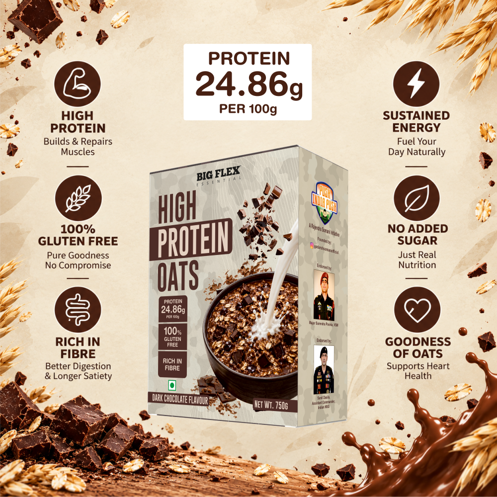 Bigflex 25g High Protein Oats Dark Chocolate 750g – Rolled Oats, Protein Blend, Jaggery Powder, Cocoa Powder, Nuts & Seeds – 25g Protein, Source of Dietary Fibre & Healthy Fats, No Refined Sugar & Salt