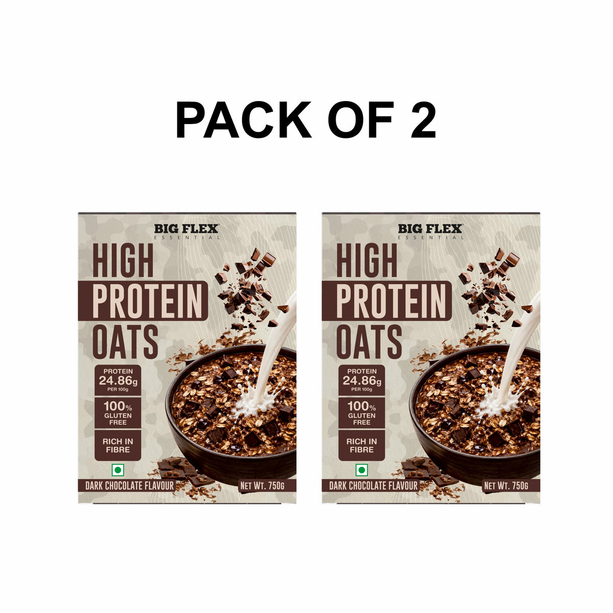 Bigflex 25g High Protein Oats Dark Chocolate 750g – Rolled Oats, Protein Blend, Jaggery Powder, Cocoa Powder, Nuts & Seeds – 25g Protein, Source of Dietary Fibre & Healthy Fats, No Refined Sugar & Salt