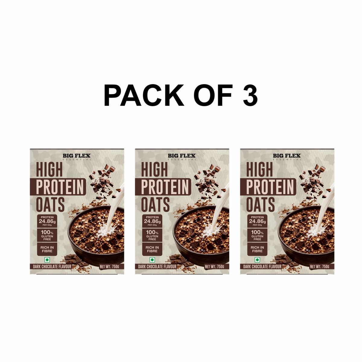 Bigflex 25g High Protein Oats Dark Chocolate 750g – Rolled Oats, Protein Blend, Jaggery Powder, Cocoa Powder, Nuts & Seeds – 25g Protein, Source of Dietary Fibre & Healthy Fats, No Refined Sugar & Salt
