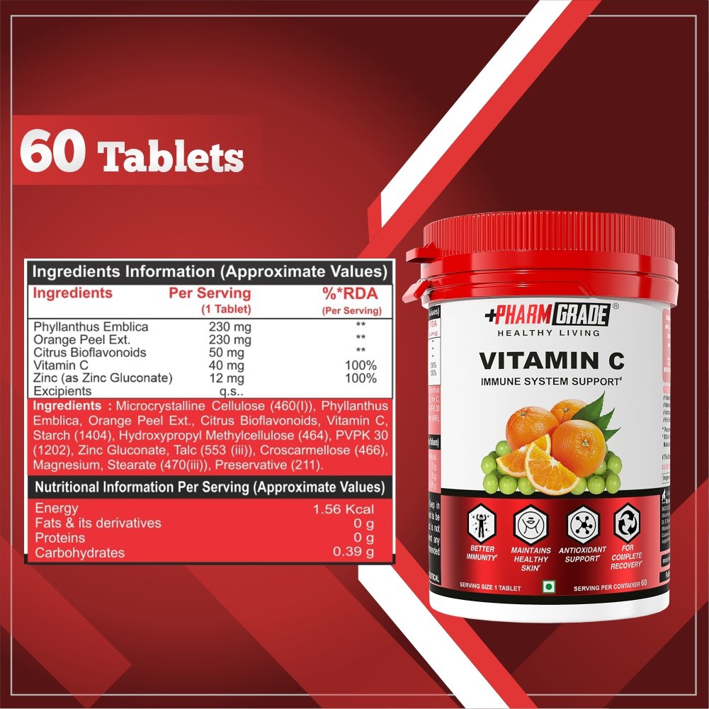 PharmGrade Healthy Living Vitamin C 500mg - Pack of 01 (60 Tablets)