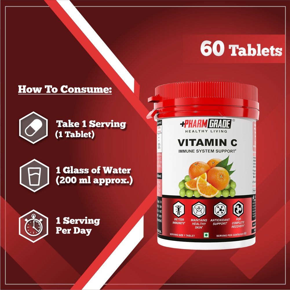 PharmGrade Healthy Living Vitamin C 500mg - Pack of 01 (60 Tablets)