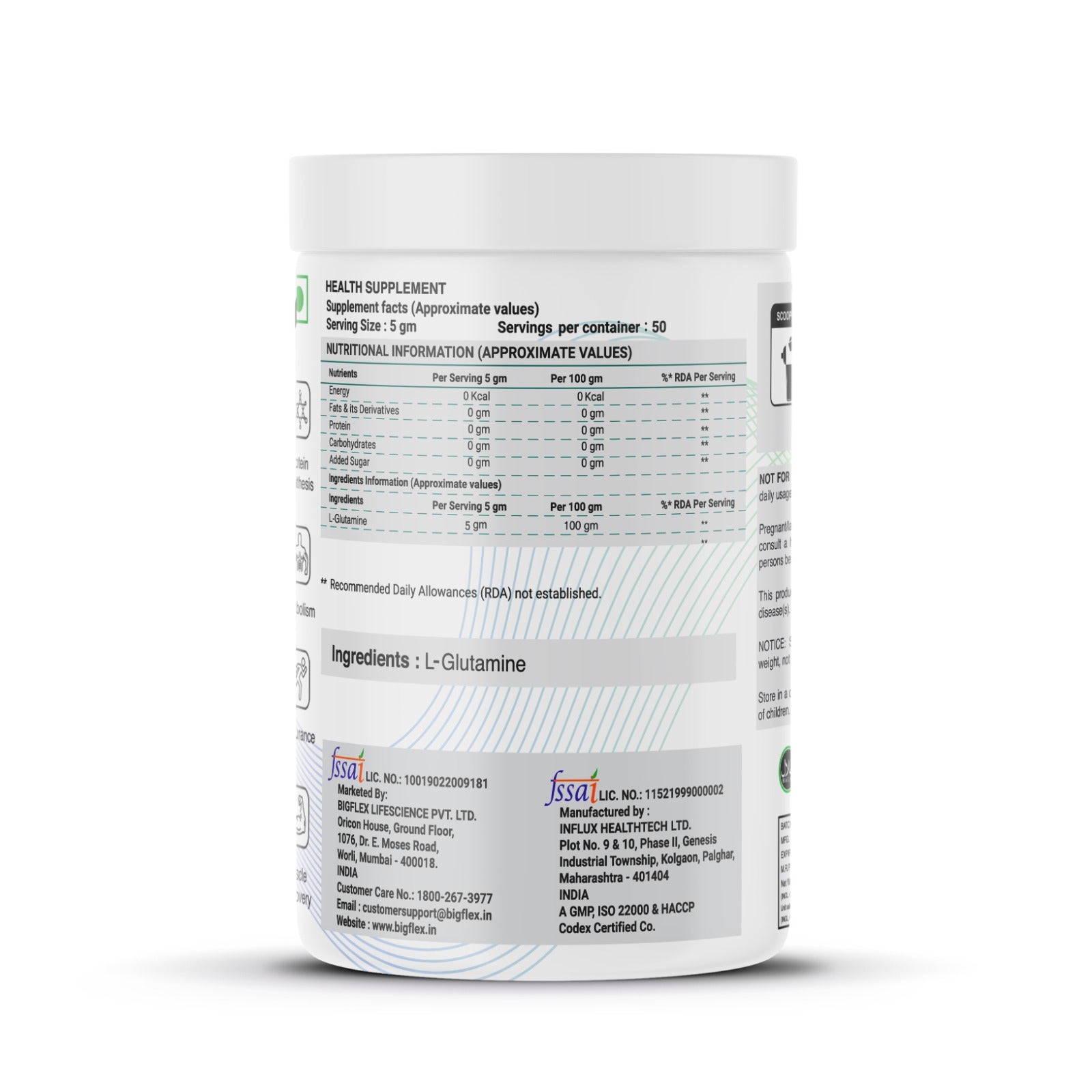 Bigflex Prime L-Glutamine Powder - Unflavoured (250gm) - (Expiry - Oct 2024)