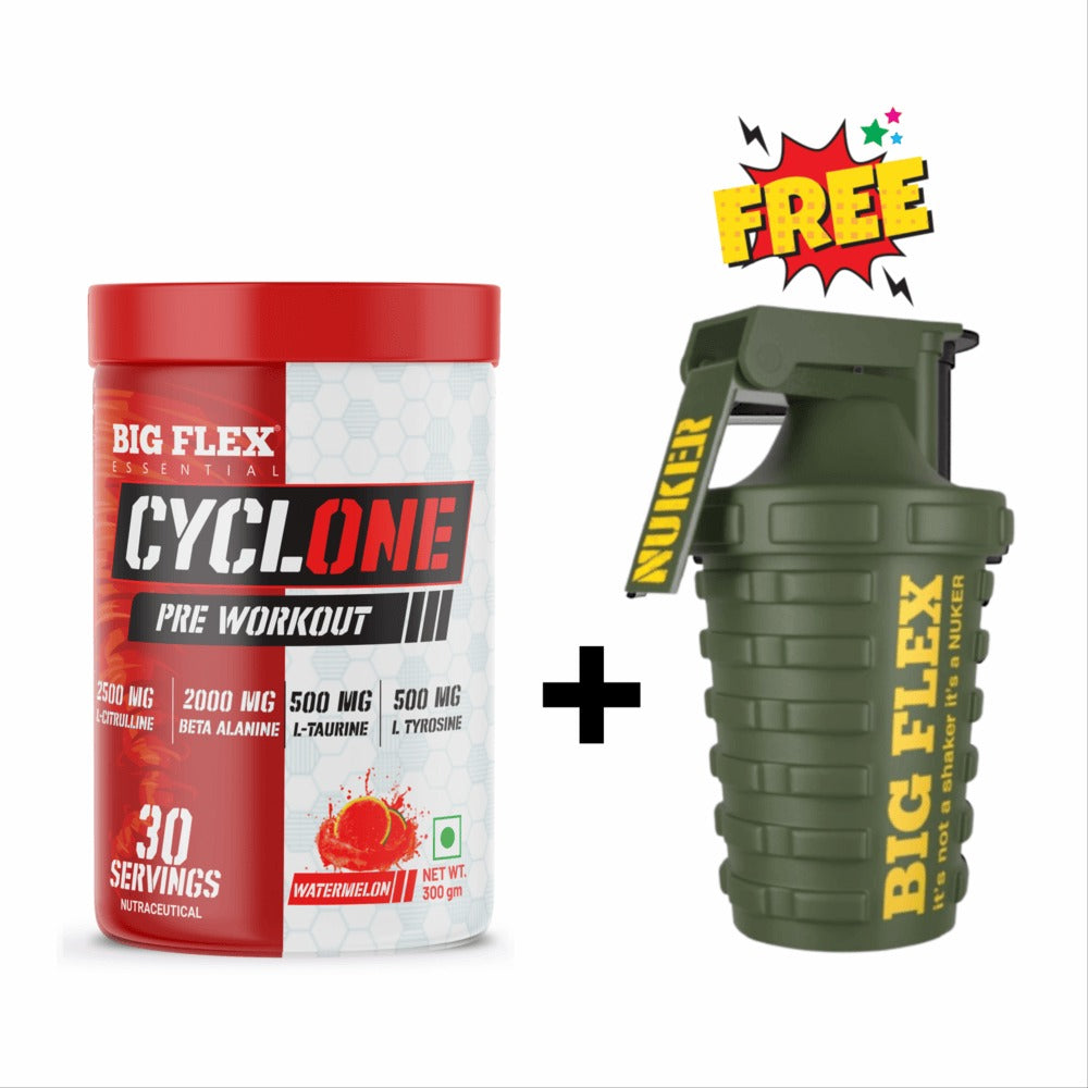 Bigflex Essential Cyclone Pre Workout Powder, | 30 Servings | Energy & Endurance | Strength & Focus | Muscle Pumps | 2500Mg L-Citruline | 2000Mg Beta Alanine | 500mg Taurine | 500mg Tyrosine | 500mg Electrolytes | 250mg Caffeine + Nuker green 500ml Shaker