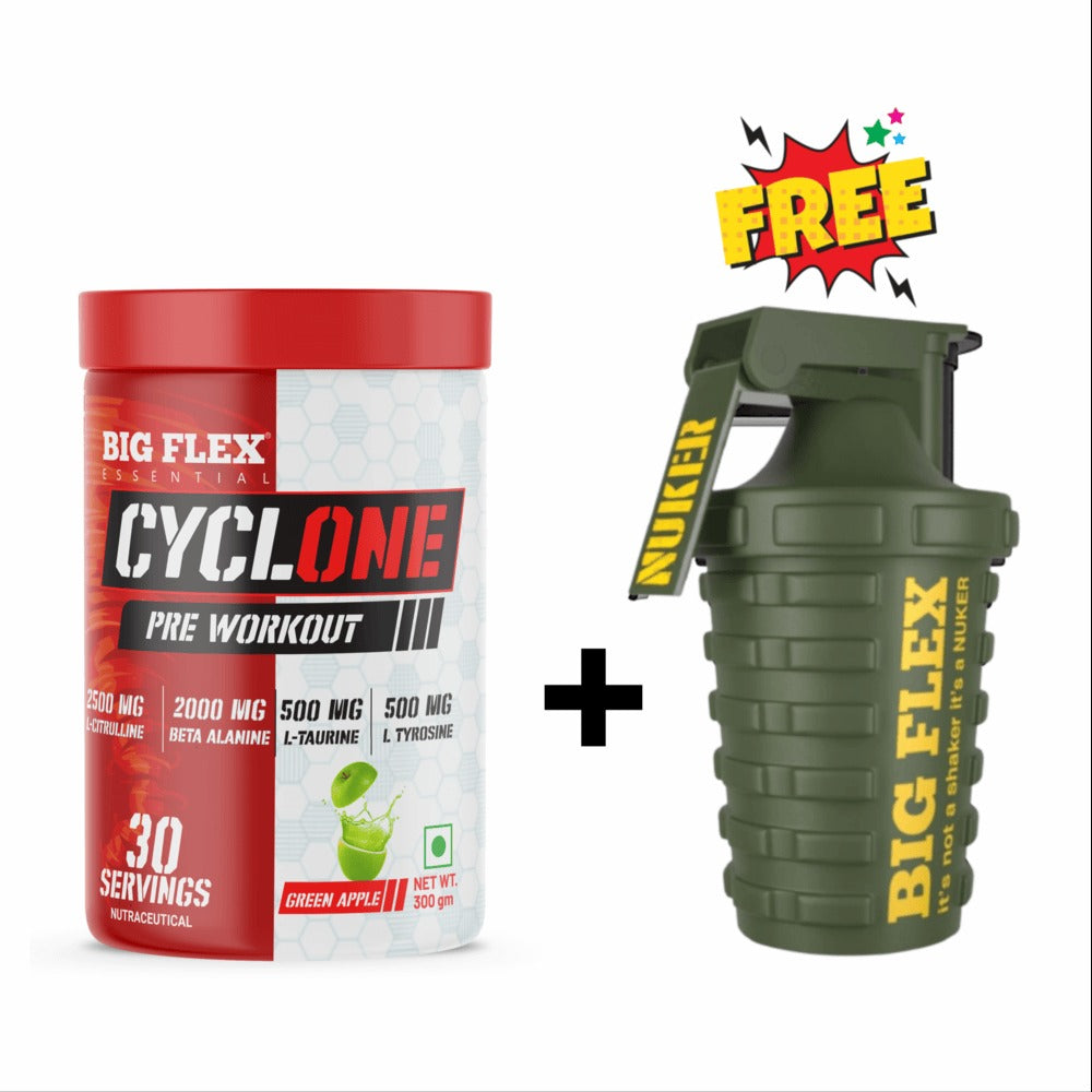 Bigflex Essential Cyclone Pre Workout Powder, | 30 Servings | Energy & Endurance | Strength & Focus | Muscle Pumps | 2500Mg L-Citruline | 2000Mg Beta Alanine | 500mg Taurine | 500mg Tyrosine | 500mg Electrolytes | 250mg Caffeine + Nuker green 500ml Shaker