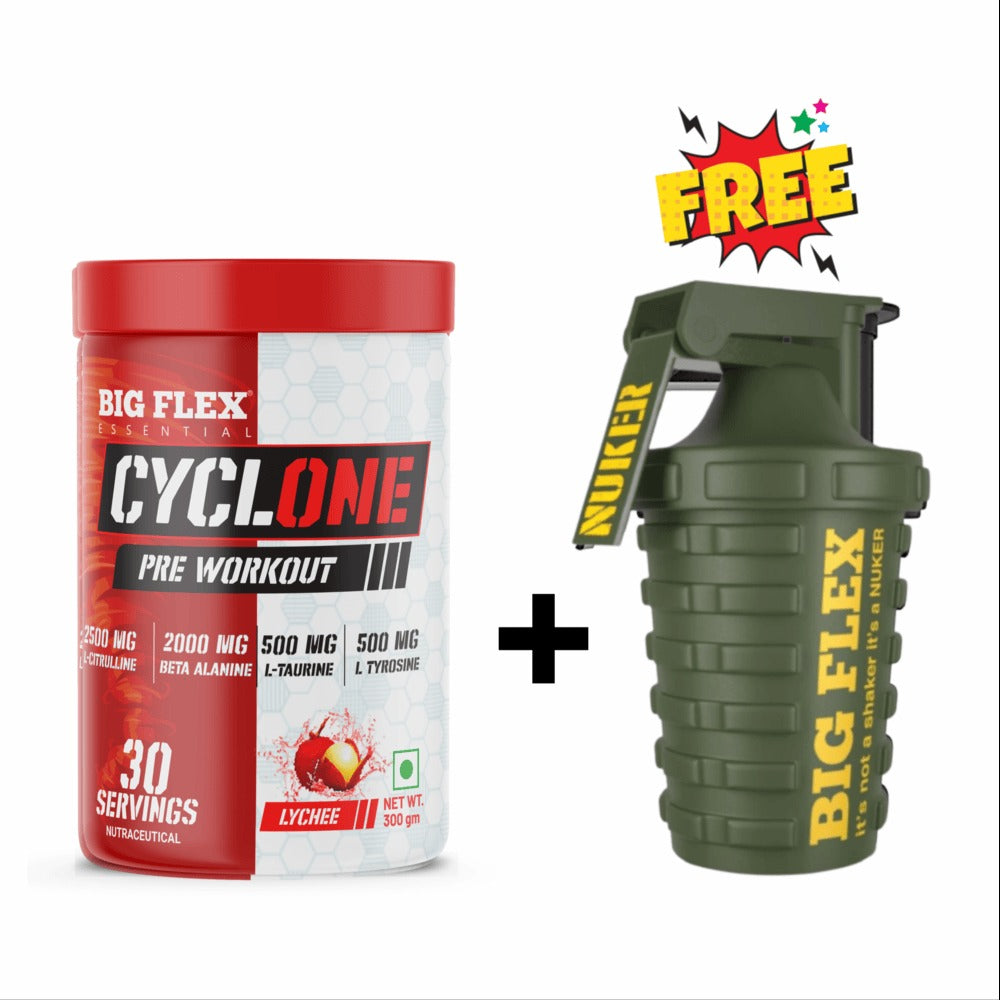 Bigflex Essential Cyclone Pre Workout Powder, | 30 Servings | Energy & Endurance | Strength & Focus | Muscle Pumps | 2500Mg L-Citruline | 2000Mg Beta Alanine | 500mg Taurine | 500mg Tyrosine | 500mg Electrolytes | 250mg Caffeine + Nuker green 500ml Shaker