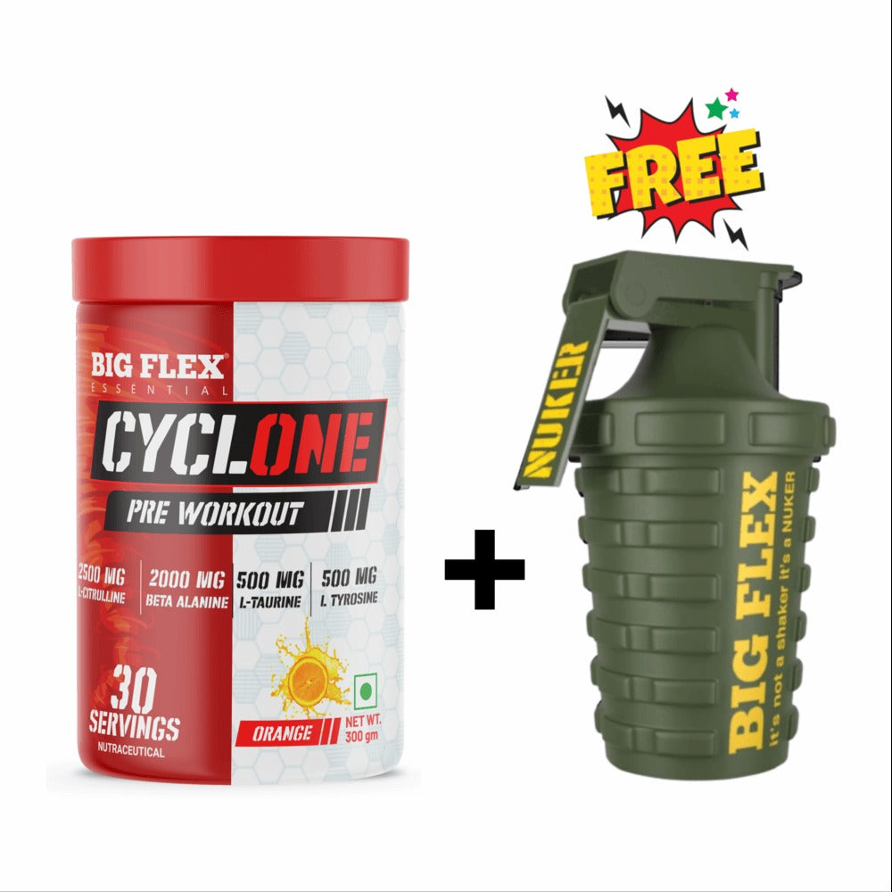 Bigflex Essential Cyclone Pre Workout Powder, | 30 Servings | Energy & Endurance | Strength & Focus | Muscle Pumps | 2500Mg L-Citruline | 2000Mg Beta Alanine | 500mg Taurine | 500mg Tyrosine | 500mg Electrolytes | 250mg Caffeine + Nuker green 500ml Shaker