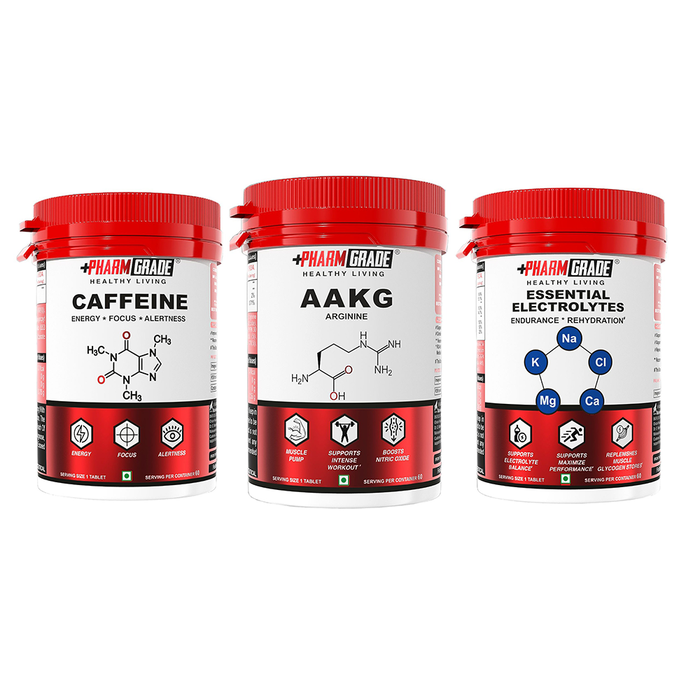 Pharmgrade Healthy Living Preworkout Pack | Pack of 3 (AAKG, Electrolytes, Caffeine)