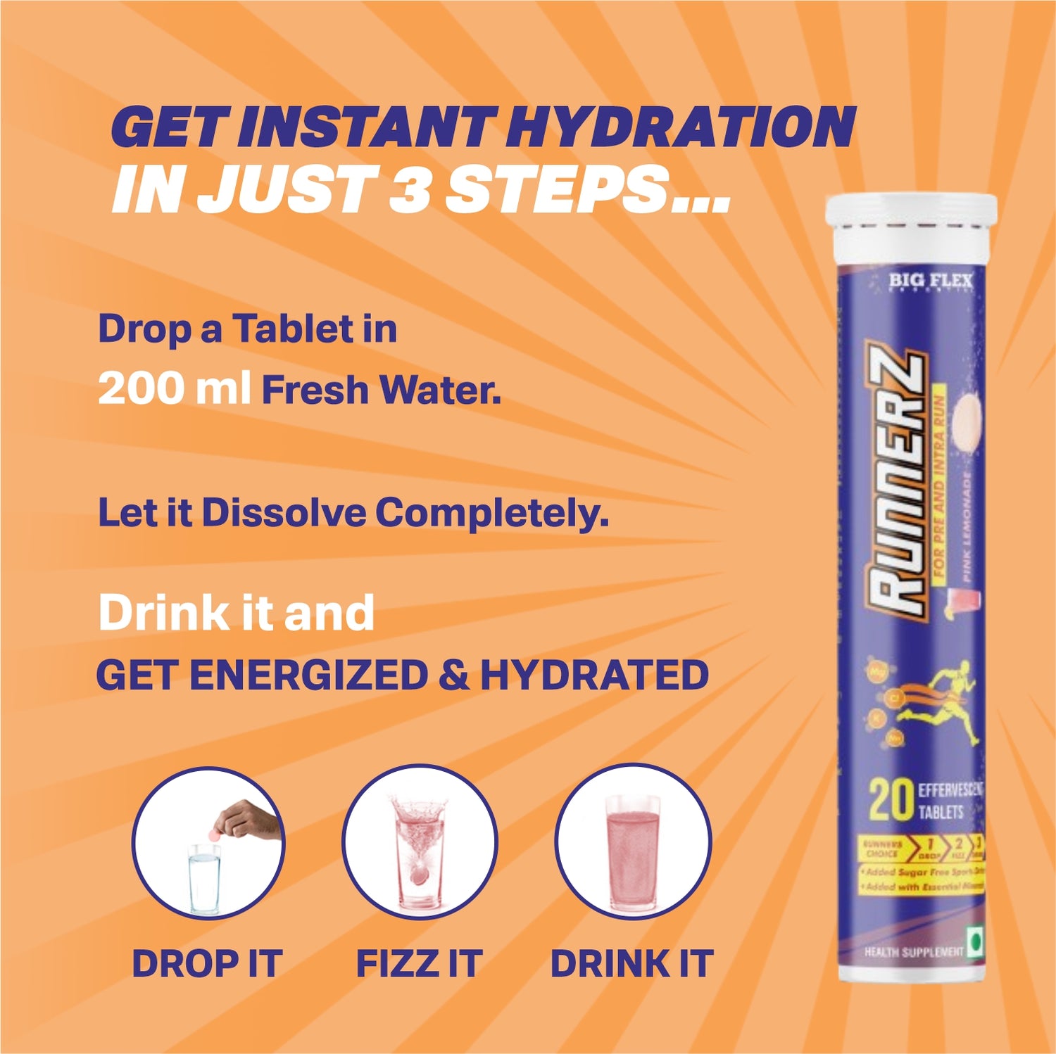 Runnerz Instant Energy Effervescent Tablets - 20 Tablets - Pink Lemonade
