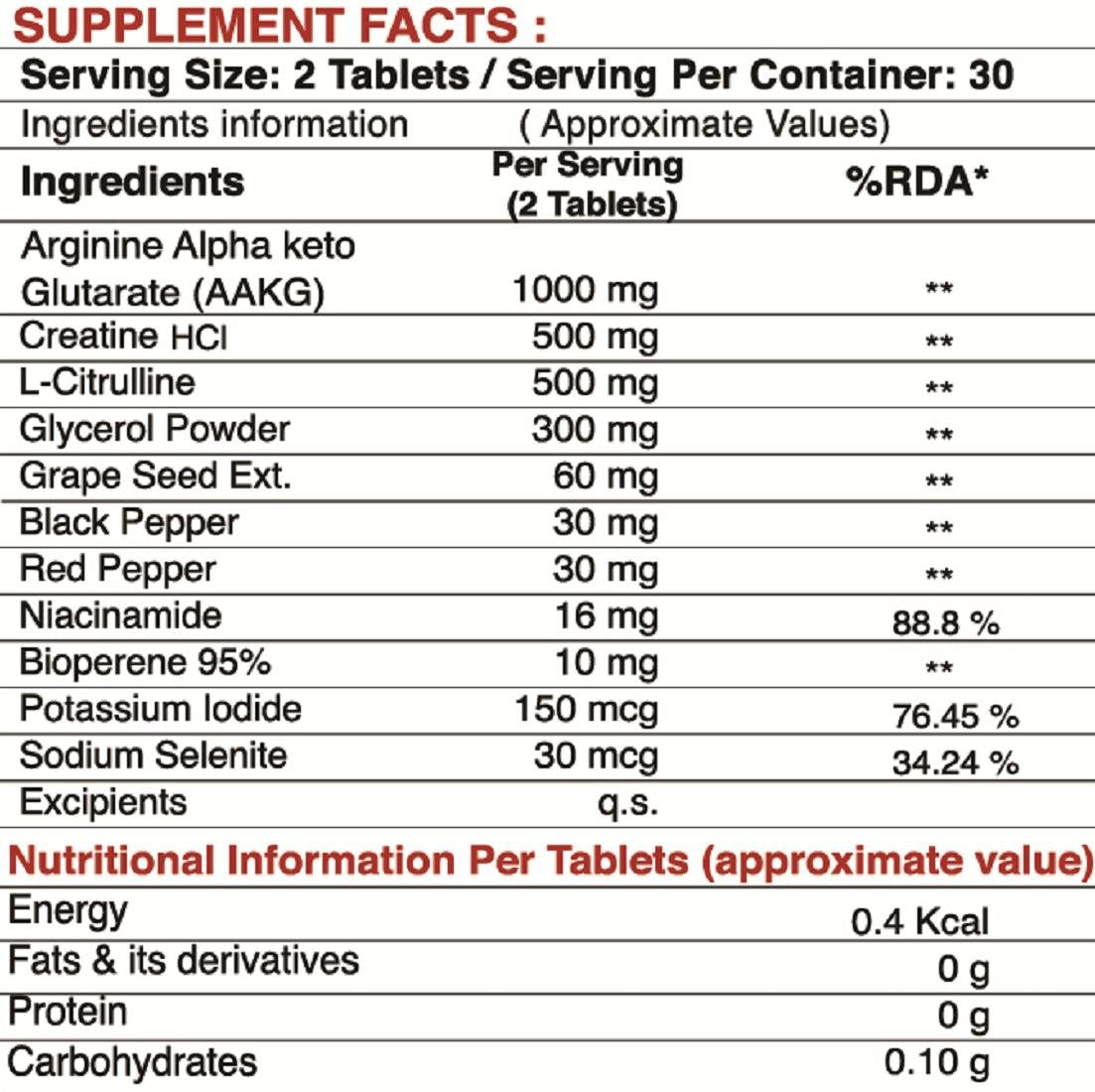 PharmGrade Pump Max 1000mg AAKG ( L - Arginine) | 500mg Creatine HCl | 500mg L-Citrulline | 300mg Glycerol Powder | 16mg Niacinamide | 10mg Bioperine For Insane Muscle Pumps & Blood Flow 60 Tablets