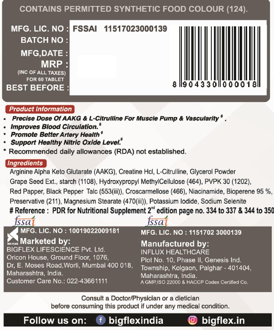 PharmGrade Pump Max 1000mg AAKG ( L - Arginine) | 500mg Creatine HCl | 500mg L-Citrulline | 300mg Glycerol Powder | 16mg Niacinamide | 10mg Bioperine For Insane Muscle Pumps & Blood Flow 60 Tablets