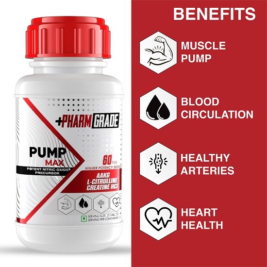 PharmGrade Pump Max 1000mg AAKG ( L - Arginine) | 500mg Creatine HCl | 500mg L-Citrulline | 300mg Glycerol Powder | 16mg Niacinamide | 10mg Bioperine For Insane Muscle Pumps & Blood Flow 60 Tablets