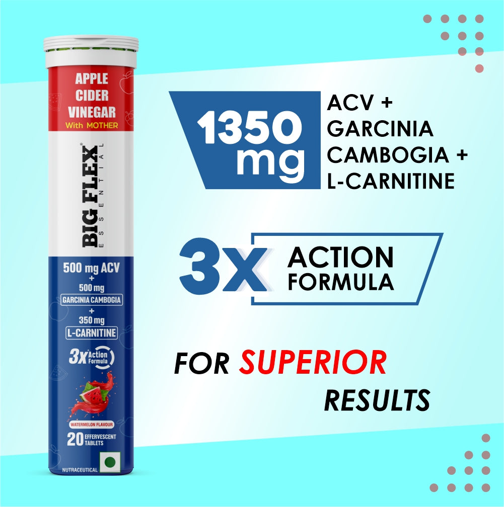 Bigflex Apple Cider Vinegar + Garcinia Cambogia + L-Carnitine 1350mg With The Mother, 3x Powerful Formula with 100mg Pomegranate Extract | 40mg Vitamin C | B6 &amp; B12 For Weight Loss | Effervescent Tablets - Watermelon Flavour