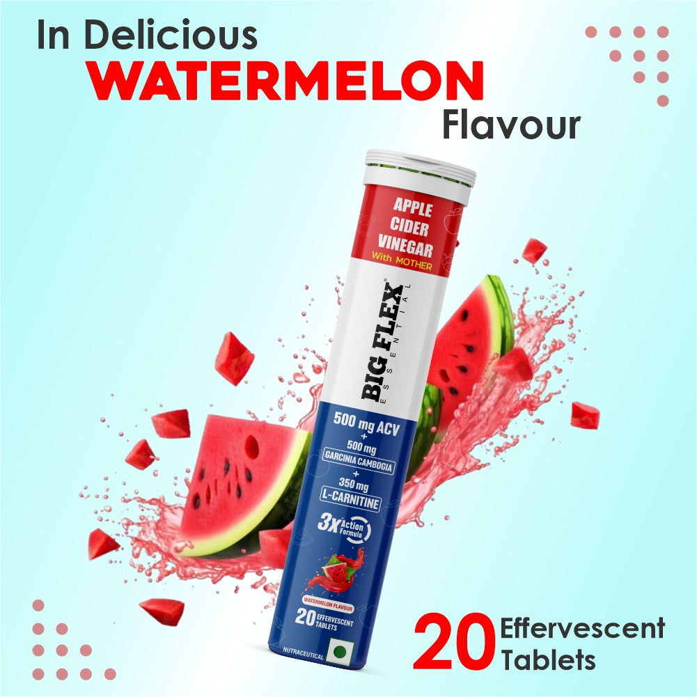 Bigflex Apple Cider Vinegar + Garcinia Cambogia + L-Carnitine 1350mg With The Mother, 3x Powerful Formula with 100mg Pomegranate Extract | 40mg Vitamin C | B6 &amp; B12 For Weight Loss | Effervescent Tablets - Watermelon Flavour - Pack of 1 (20 Tabs)