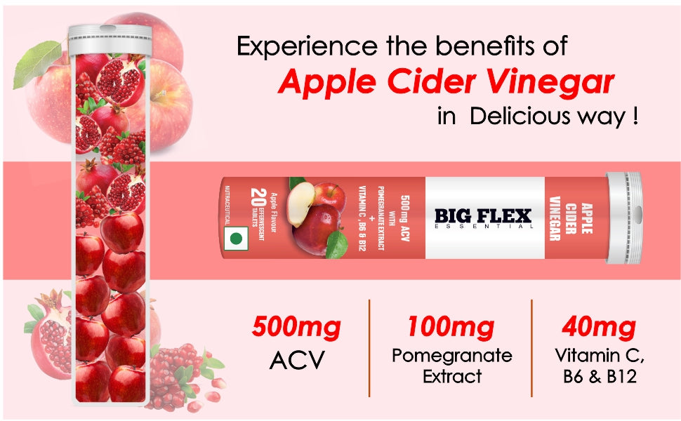 Bigflex Apple Cider Vinegar 500mg with 100mg Pomegranate Extract For Weight Loss |  Effervescent Tablets - Apple Flavour