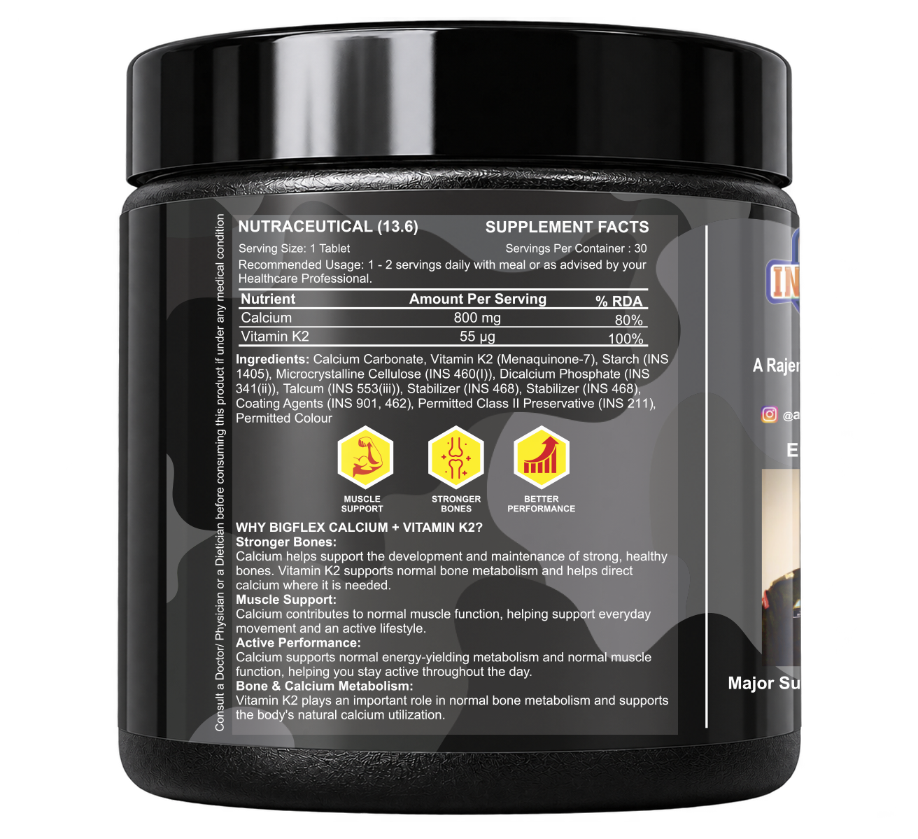 Bigflex Desh ka Calcium + K2 (MK-7) 800mg Supports Stronger Bones, Immunity &amp; Calcium Absorption 30 tablets