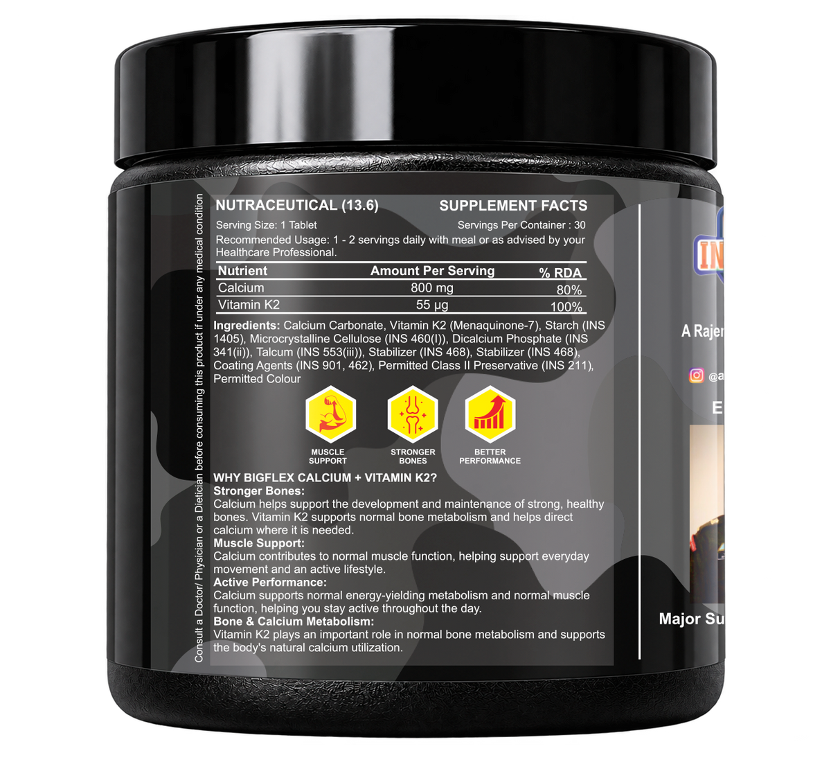 Bigflex Desh ka Calcium + K2 (MK-7) 800mg Supports Stronger Bones, Immunity &amp; Calcium Absorption 30 tablets