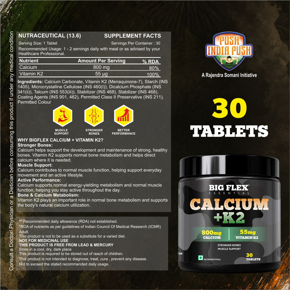 Bigflex Desh ka Calcium + K2 (MK-7) 800mg Supports Stronger Bones, Immunity &amp; Calcium Absorption 30 tablets