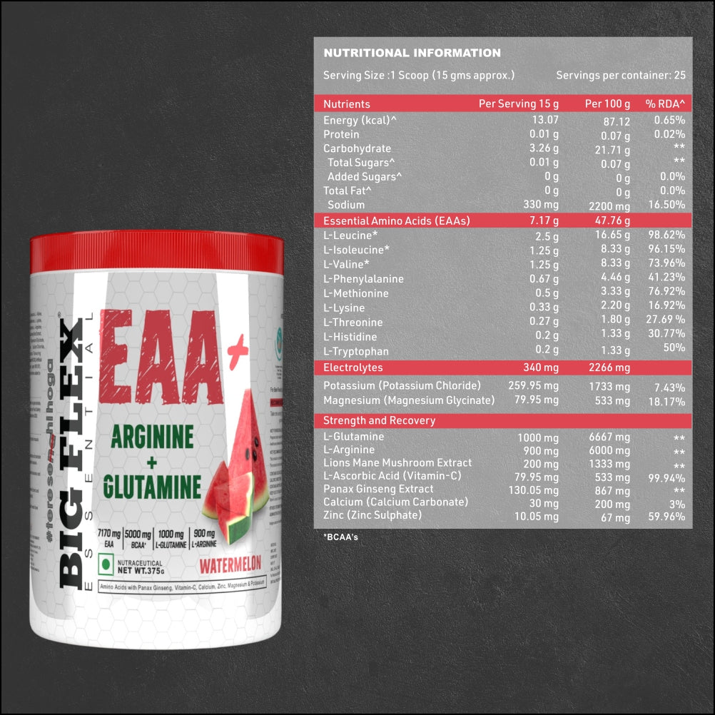 Bigflex EAA + BCAA with Glutamine | Arginine | Lions Mane Ext | Panax Ginseng | For Maximum Recovery &amp; Pump + Free Creatine 250g (83 Servings)