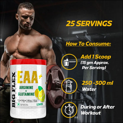Bigflex EAA + BCAA with Glutamine | Arginine | Lions Mane Ext | Panax Ginseng | For Maximum Recovery &amp; Pump + Free Warfare Creatine 450g (Orange) (30 Servings)