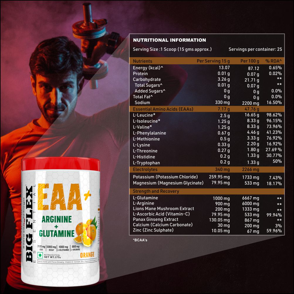 Bigflex EAA + BCAA with Glutamine | Arginine | Lions Mane Ext | Panax Ginseng | For Maximum Recovery &amp; Pump + Free Warfare Creatine 450g (Orange) (30 Servings)