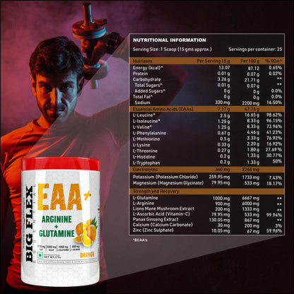 Bigflex EAA + BCAA with Glutamine | Arginine | Lions Mane Ext | Panax Ginseng | For Maximum Recovery &amp; Pump + Free Warfare Creatine 450g (Orange) (30 Servings)