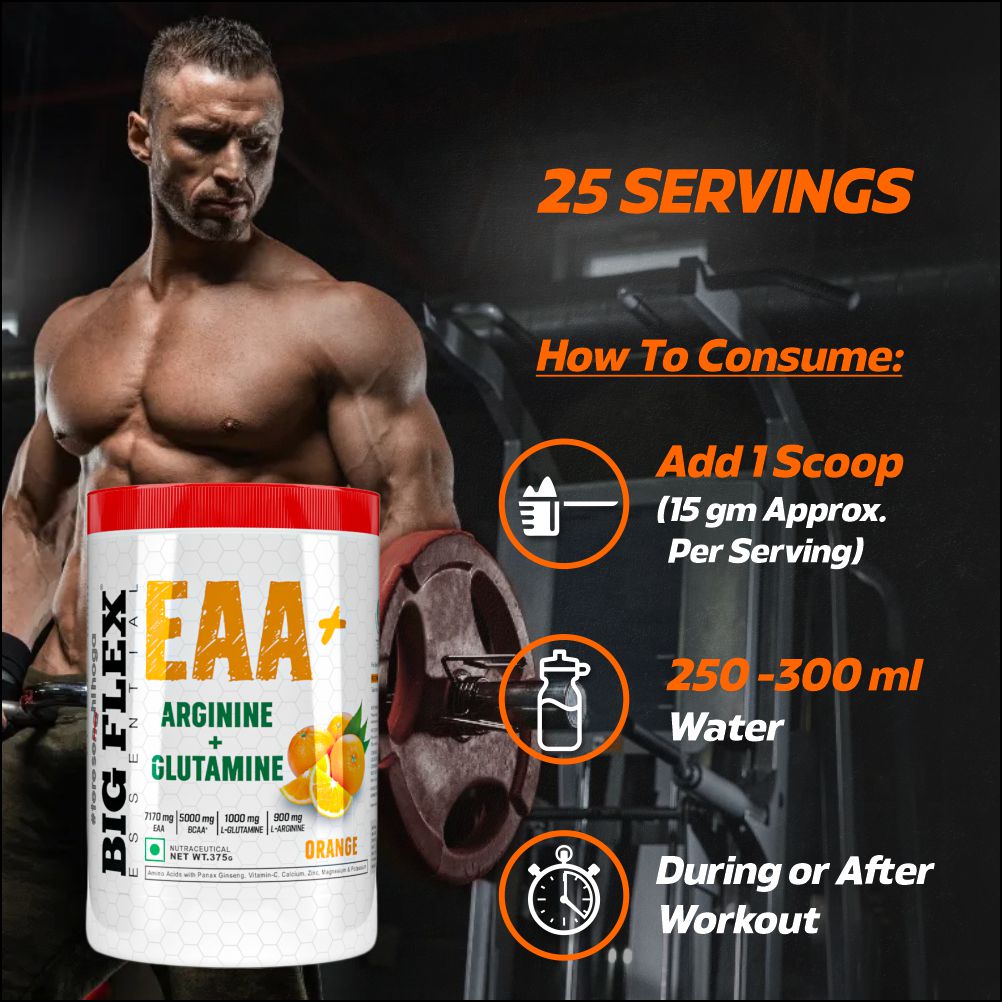 Bigflex EAA + BCAA with Glutamine | Arginine | Lions Mane Ext | Panax Ginseng | For Maximum Recovery &amp; Pump + Free Warfare Creatine 450g (Orange) (30 Servings)