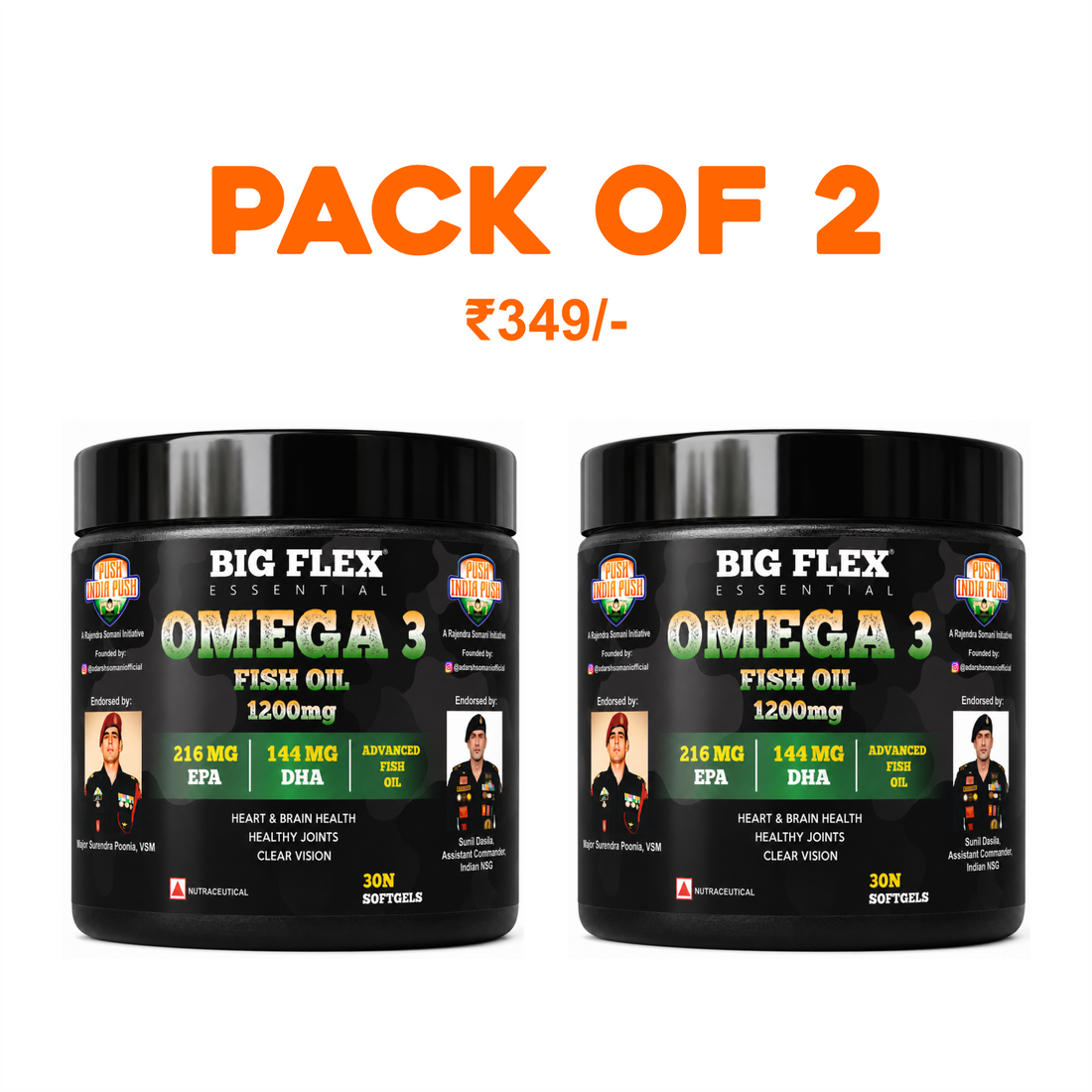 Bigflex Desh ka  Omega 3 1200mg Capsules with EPA 216mg and DHA 144mg - Supports Muscle Recovery, Heart Health, Hair, Joints, Eyes and Brain 60 Servings