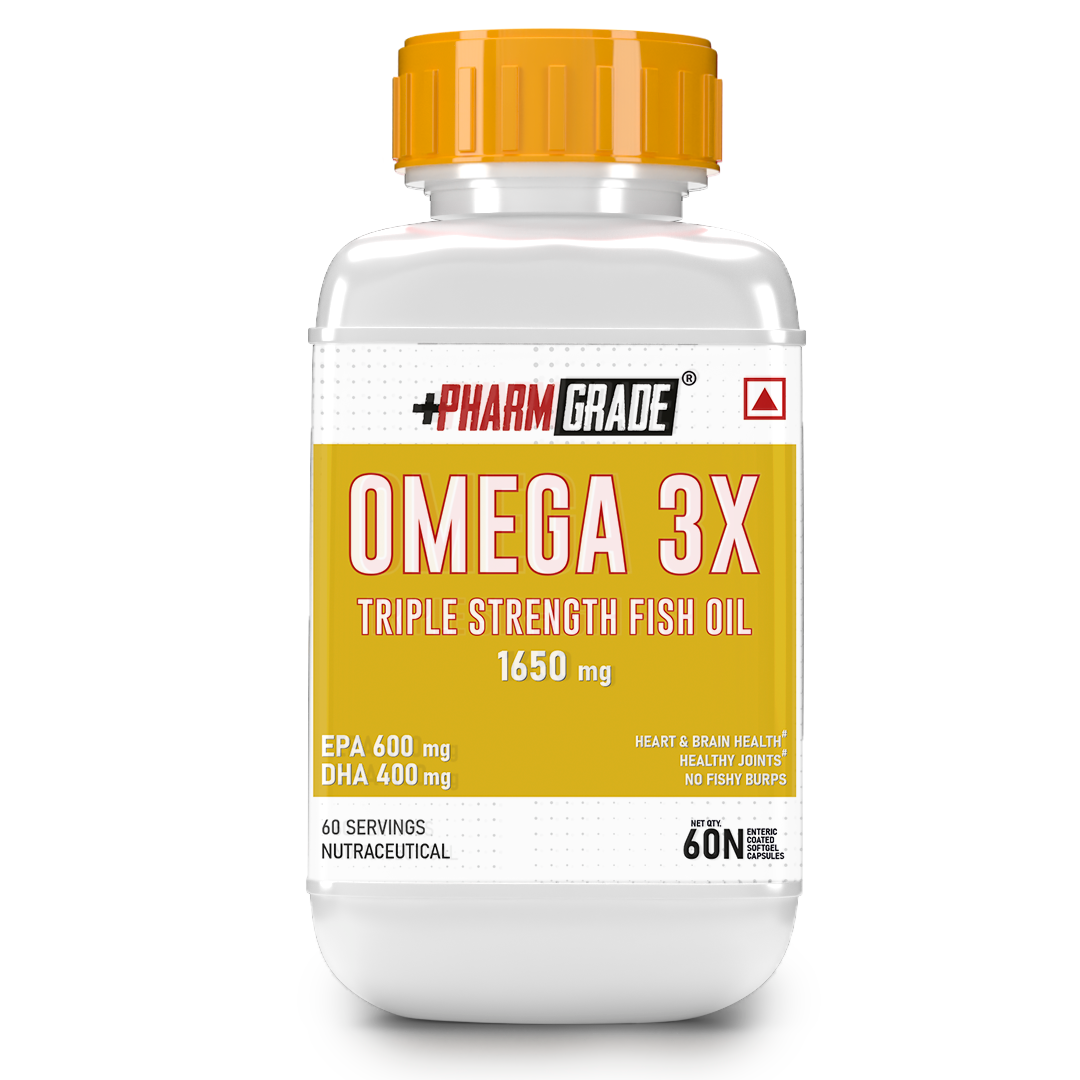 PharmGrade Omega 3X Fish Oil 1650mg Enteric Coated Capsules with EPA 600mg and DHA 400mg - Supports Muscle Recovery, Heart Health, Hair, Joints, Eyes and Brain - 60 Caps
