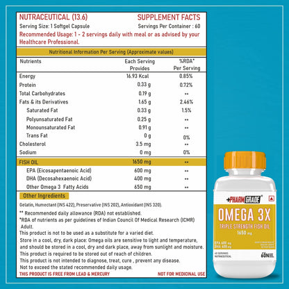 PharmGrade Omega 3X Fish Oil 1650mg Enteric Coated Capsules with EPA 600mg and DHA 400mg - Supports Muscle Recovery, Heart Health, Hair, Joints, Eyes and Brain - 60 Caps