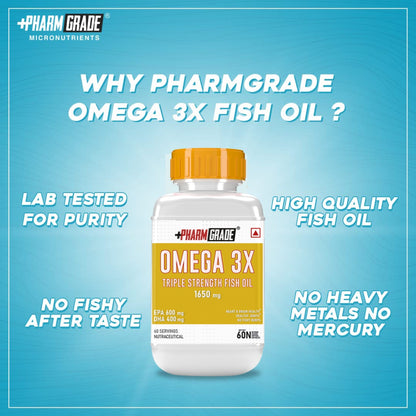 PharmGrade Omega 3X Fish Oil 1650mg Enteric Coated Capsules with EPA 600mg and DHA 400mg - Supports Muscle Recovery, Heart Health, Hair, Joints, Eyes and Brain - 60 Caps