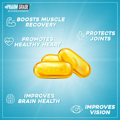 PharmGrade Omega 3X Fish Oil 1650mg Enteric Coated Capsules with EPA 600mg and DHA 400mg - Supports Muscle Recovery, Heart Health, Hair, Joints, Eyes and Brain - 60 Caps