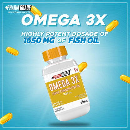 PharmGrade Omega 3X Fish Oil 1650mg Enteric Coated Capsules with EPA 600mg and DHA 400mg - Supports Muscle Recovery, Heart Health, Hair, Joints, Eyes and Brain - 60 Caps
