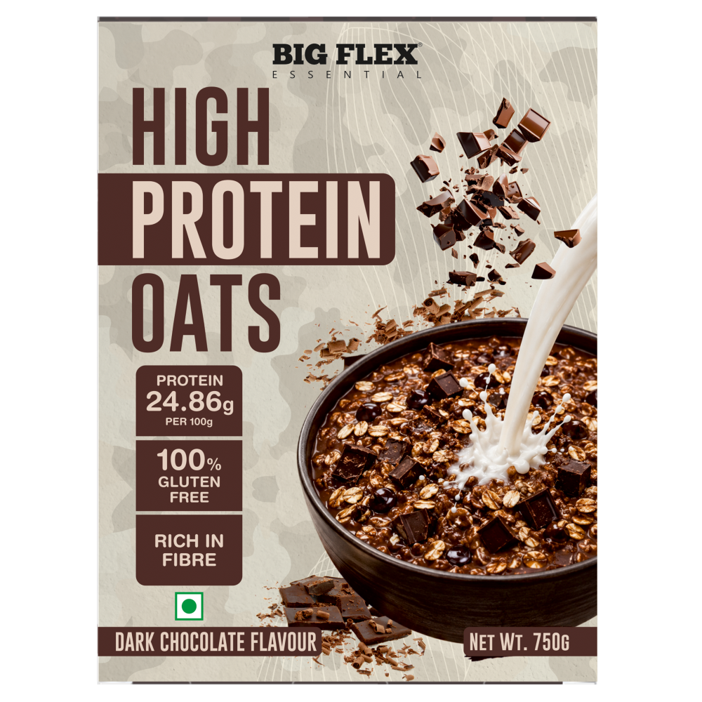 Bigflex 25g High Protein Oats Dark Chocolate 750g – Rolled Oats, Protein Blend, Jaggery Powder, Cocoa Powder, Nuts &amp; Seeds – 25g Protein, Source of Dietary Fibre &amp; Healthy Fats, No Refined Sugar &amp; Salt