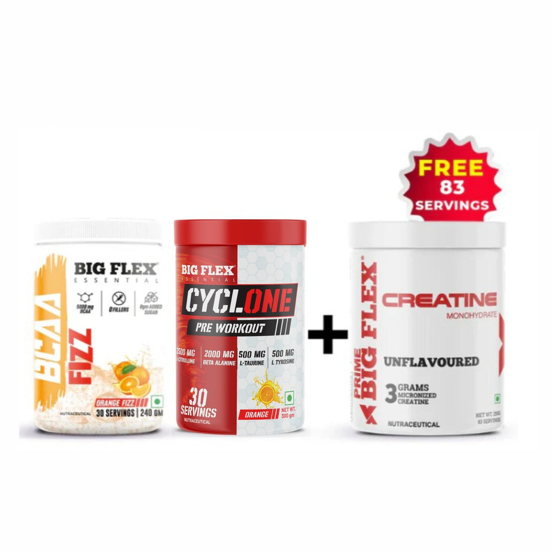 Bigflex BCAA 5000mg Orange Fizz 30 servings | Cyclone Preworkout Orange 40 servings + Get Free Creatine 83 servings