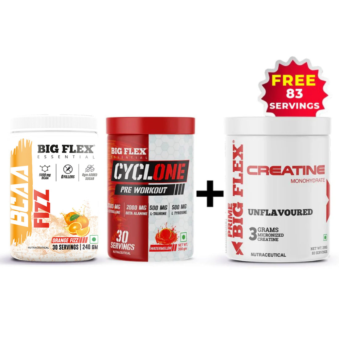 Bigflex BCAA 5000mg Orange Fizz 30 servings | Cyclone Preworkout Watermelon 40 servings + Get Free Creatine 83 servings