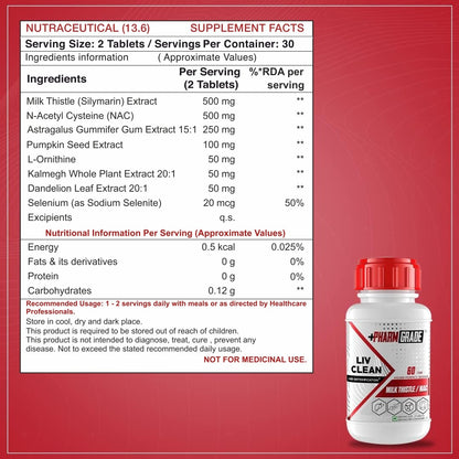 Pharmgrade LIV Clean Liver Detox With N- Acetyl Cysteine (NAC) 500mg | Silymarin Milk Thistle 500mg | Pumpkin Seed Extract 100mg | L-Ornithine Aspartate 50mg | Kalmegh 50mg | Dandelion 50mg For Overall Liver Protection (60 Tablets)