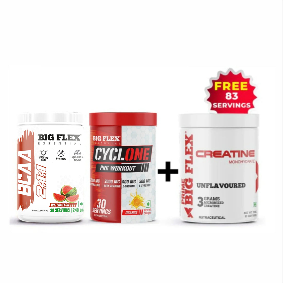 Bigflex BCAA 5000mg Watermelon 30 servings | Cyclone Preworkout Orange 40 servings + Get Free Creatine 83 servings