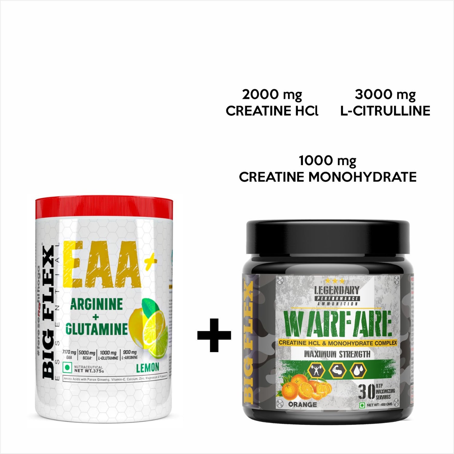 Bigflex EAA + BCAA with Glutamine | Arginine | Lions Mane Ext | Panax Ginseng | For Maximum Recovery &amp; Pump + Free Warfare Creatine 450g (Orange) (30 Servings)