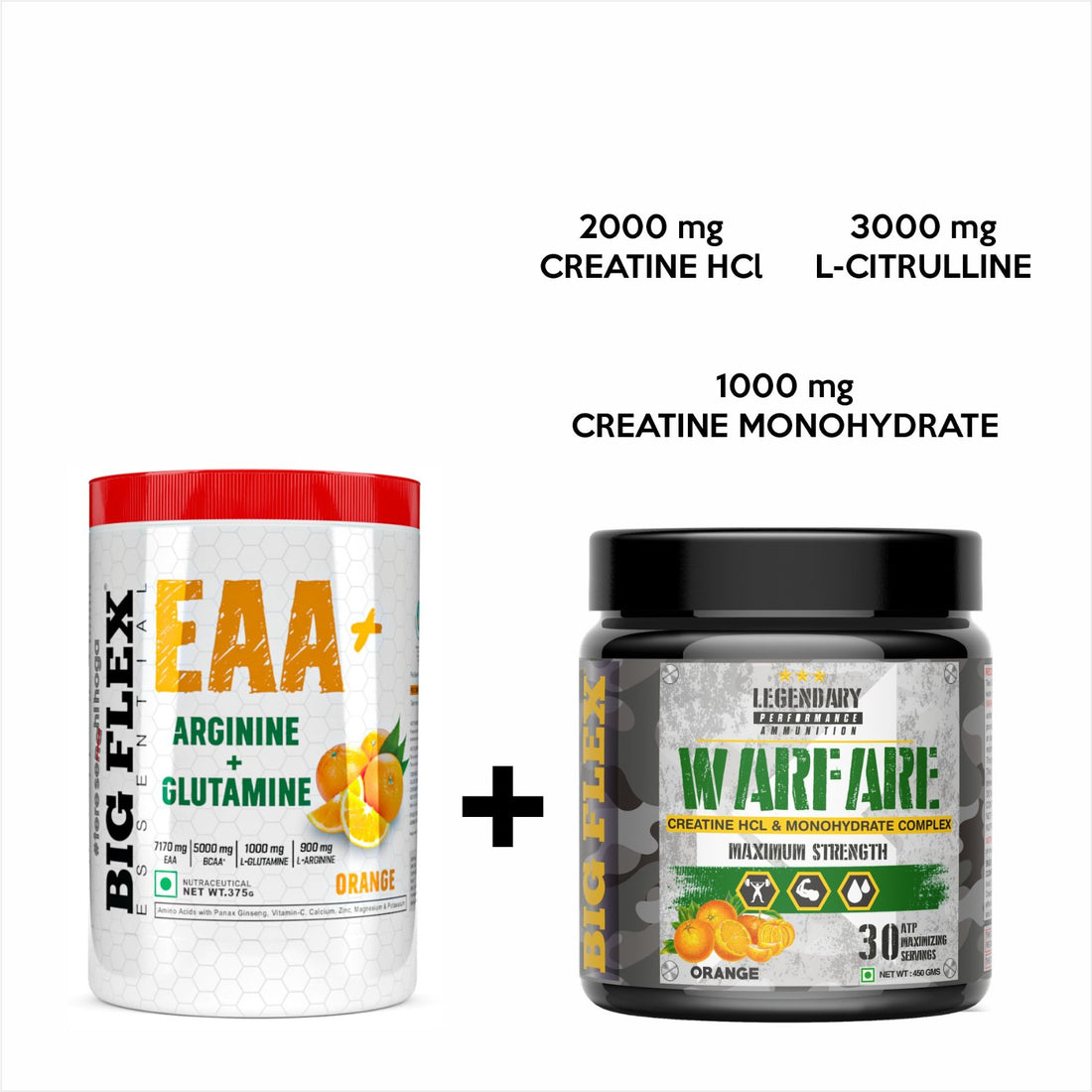 Bigflex EAA + BCAA with Glutamine | Arginine | Lions Mane Ext | Panax Ginseng | For Maximum Recovery & Pump + Free Warfare Creatine 450g (Orange) (30 Servings)