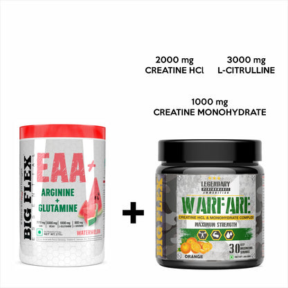Bigflex EAA + BCAA with Glutamine | Arginine | Lions Mane Ext | Panax Ginseng | For Maximum Recovery &amp; Pump + Free Warfare Creatine 450g (Orange) (30 Servings)