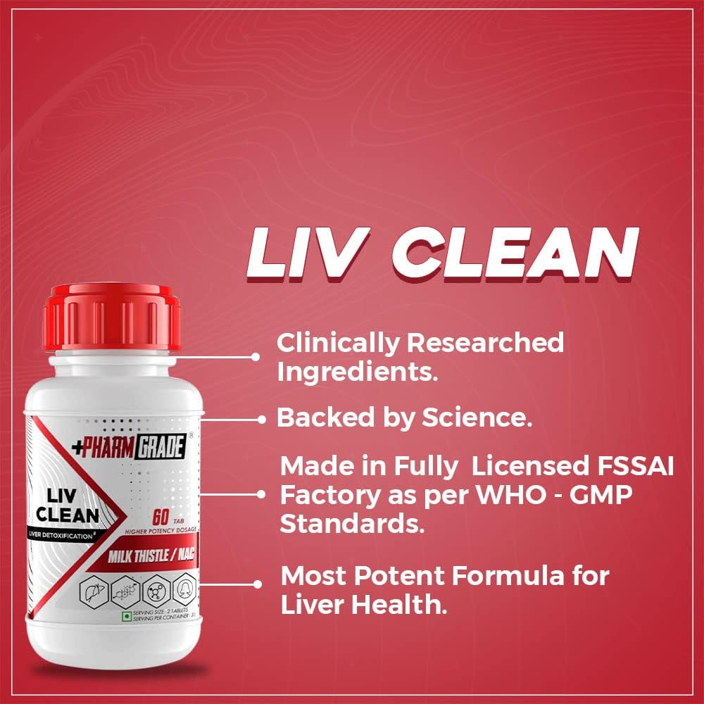 Pharmgrade LIV Clean Liver Detox With N- Acetyl Cysteine (NAC) 500mg | Silymarin Milk Thistle 500mg | Pumpkin Seed Extract 100mg | L-Ornithine Aspartate 50mg | Kalmegh 50mg | Dandelion 50mg For Overall Liver Protection (60 Tablets)