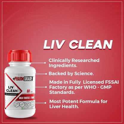 Pharmgrade LIV Clean Liver Detox With N- Acetyl Cysteine (NAC) 500mg | Silymarin Milk Thistle 500mg | Pumpkin Seed Extract 100mg | L-Ornithine Aspartate 50mg | Kalmegh 50mg | Dandelion 50mg For Overall Liver Protection (60 Tablets)