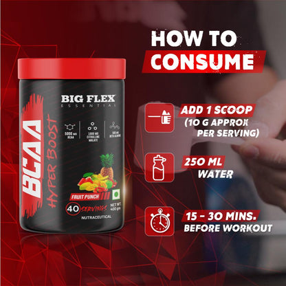 Bigflex Essential BCAA Hyperboost, Fruit Punch | 5000mg BCAA | 1000mg Citrulline Malate | 500mg Beta Alanine | 500mg L-Taurine For Maximum Muscle Growth, Energy, Recovery &amp;amp; Endurance + Free Nuker Shaker