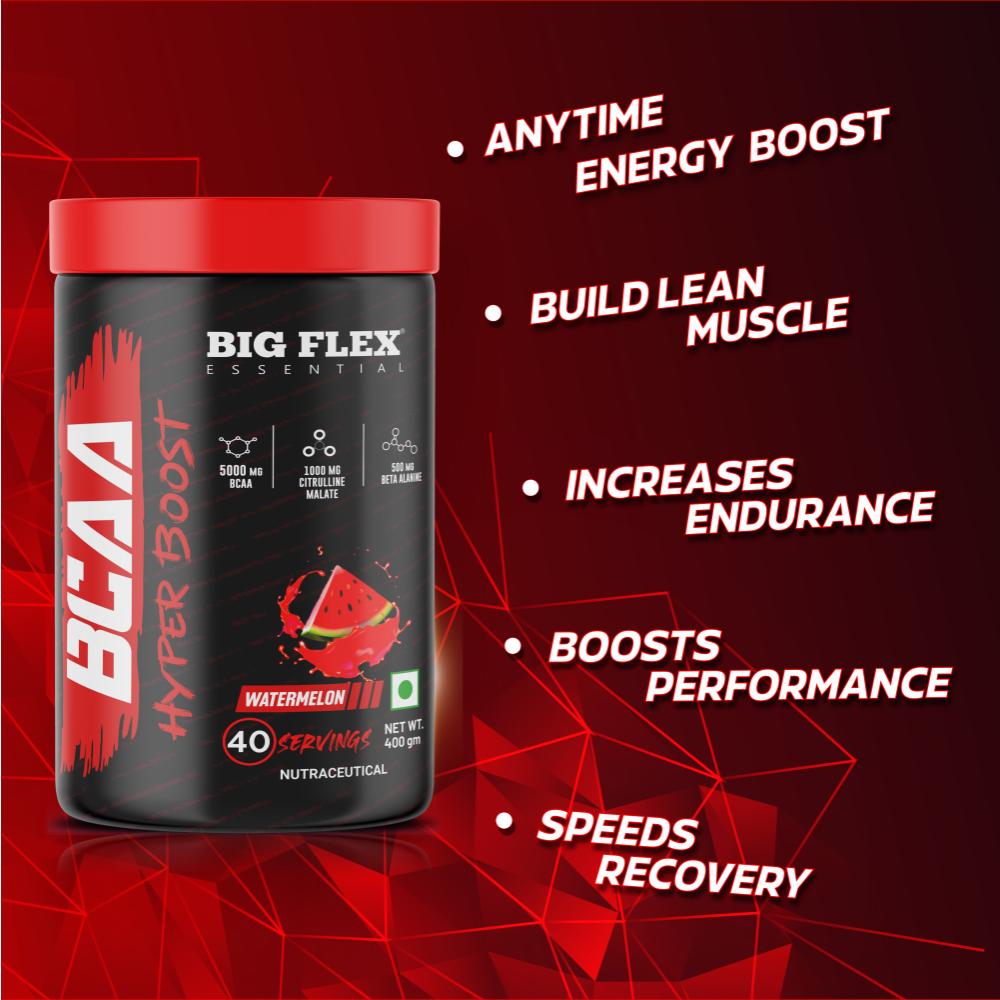 Bigflex Essential BCAA Hyperboost, Fruit Punch | 5000mg BCAA | 1000mg Citrulline Malate | 500mg Beta Alanine | 500mg L-Taurine For Maximum Muscle Growth, Energy, Recovery &amp;amp; Endurance + Free Nuker Shaker