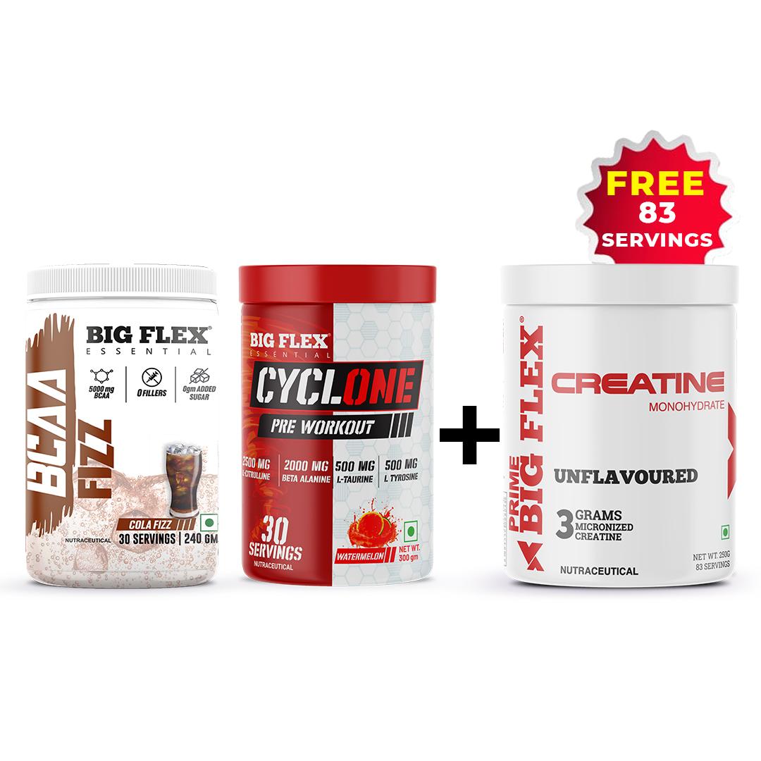 Bigflex BCAA 5000mg Cola Fizz 30 servings | Cyclone Preworkout Watermelon 40 servings + Get Free Creatine 83 servings