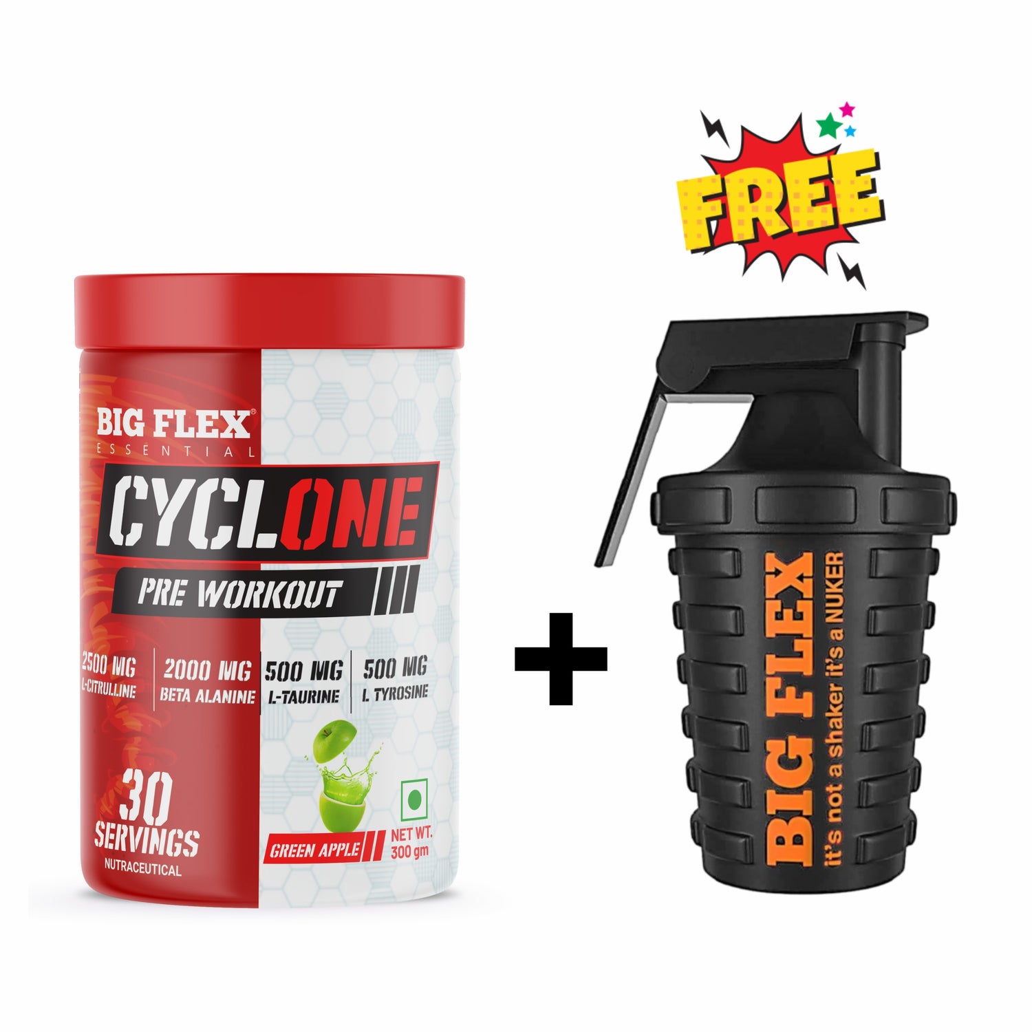 Bigflex Essential Cyclone Pre Workout Powder, | 30 Servings | Energy &amp; Endurance | Strength &amp; Focus | Muscle Pumps | 2500Mg L-Citruline | 2000Mg Beta Alanine | 500mg Taurine | 500mg Tyrosine | 500mg Electrolytes | 250mg Caffeine + Nuker Black 500ml Shaker