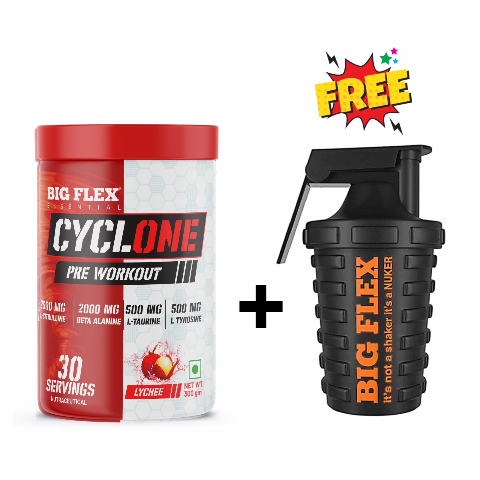 Bigflex Essential Cyclone Pre Workout Powder, | 30 Servings | Energy &amp; Endurance | Strength &amp; Focus | Muscle Pumps | 2500Mg L-Citruline | 2000Mg Beta Alanine | 500mg Taurine | 500mg Tyrosine | 500mg Electrolytes | 250mg Caffeine + Nuker Black 500ml Shaker