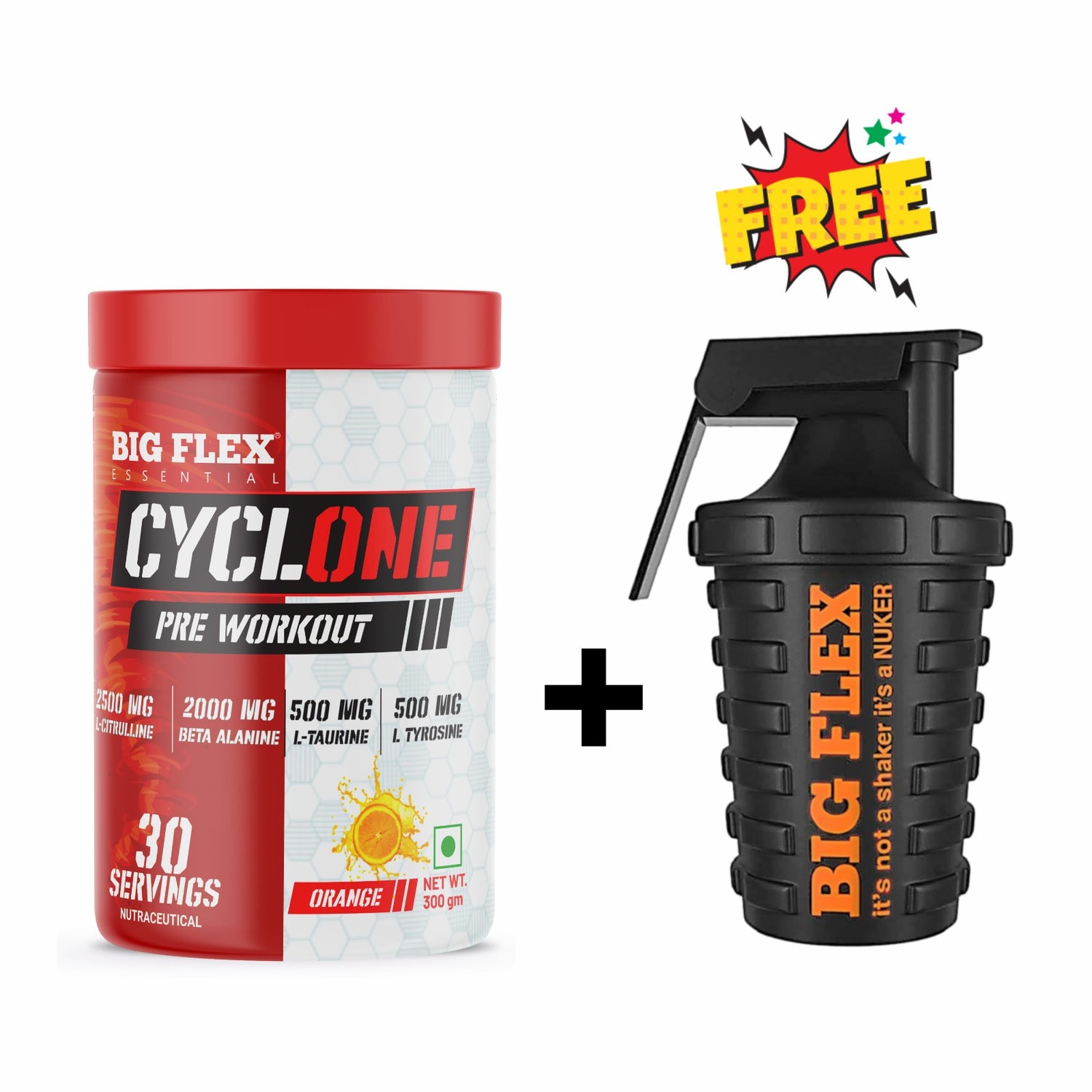 Bigflex Essential Cyclone Pre-workout (Flavour) 300gm + Nuker Green 500ml Shaker